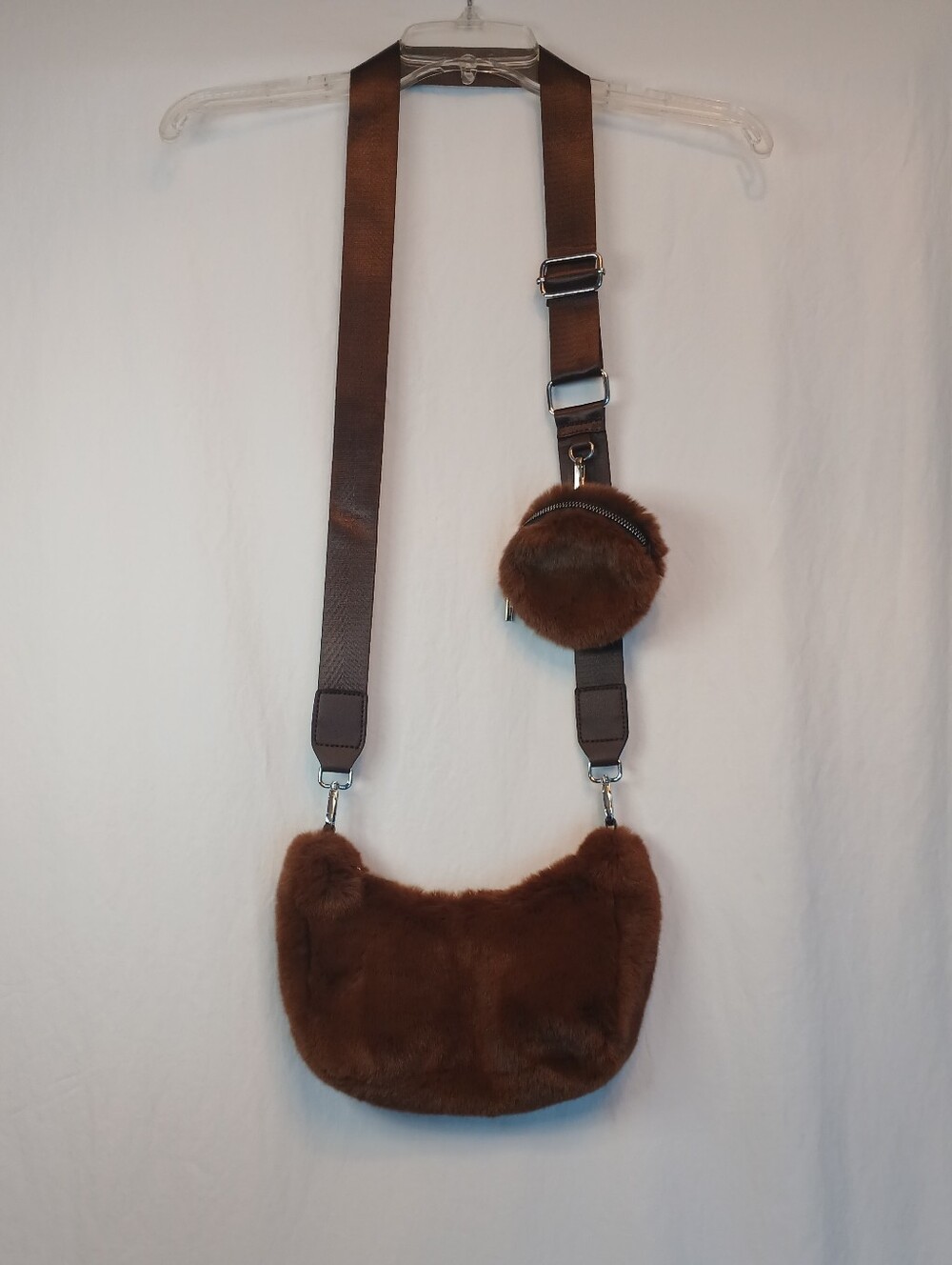 Brown Faux Fur Crescent & Pouch Crossbody  Purse New!